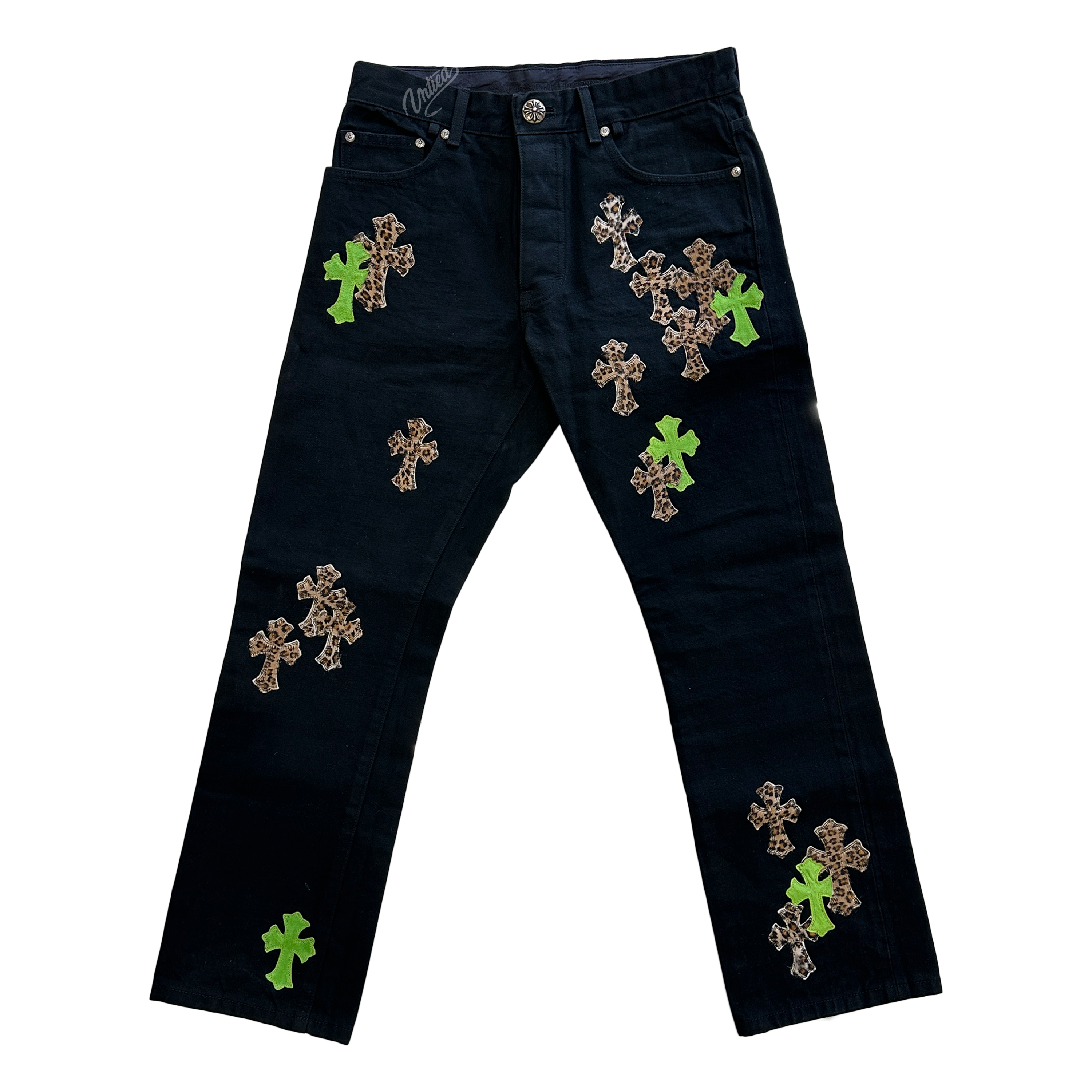 Chrome Hearts Green/Cheetah Cross Denim Jeans 