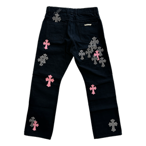Chrome Hearts Fleur Knee Pink and Checkered Cross Denim Jeans "Black"