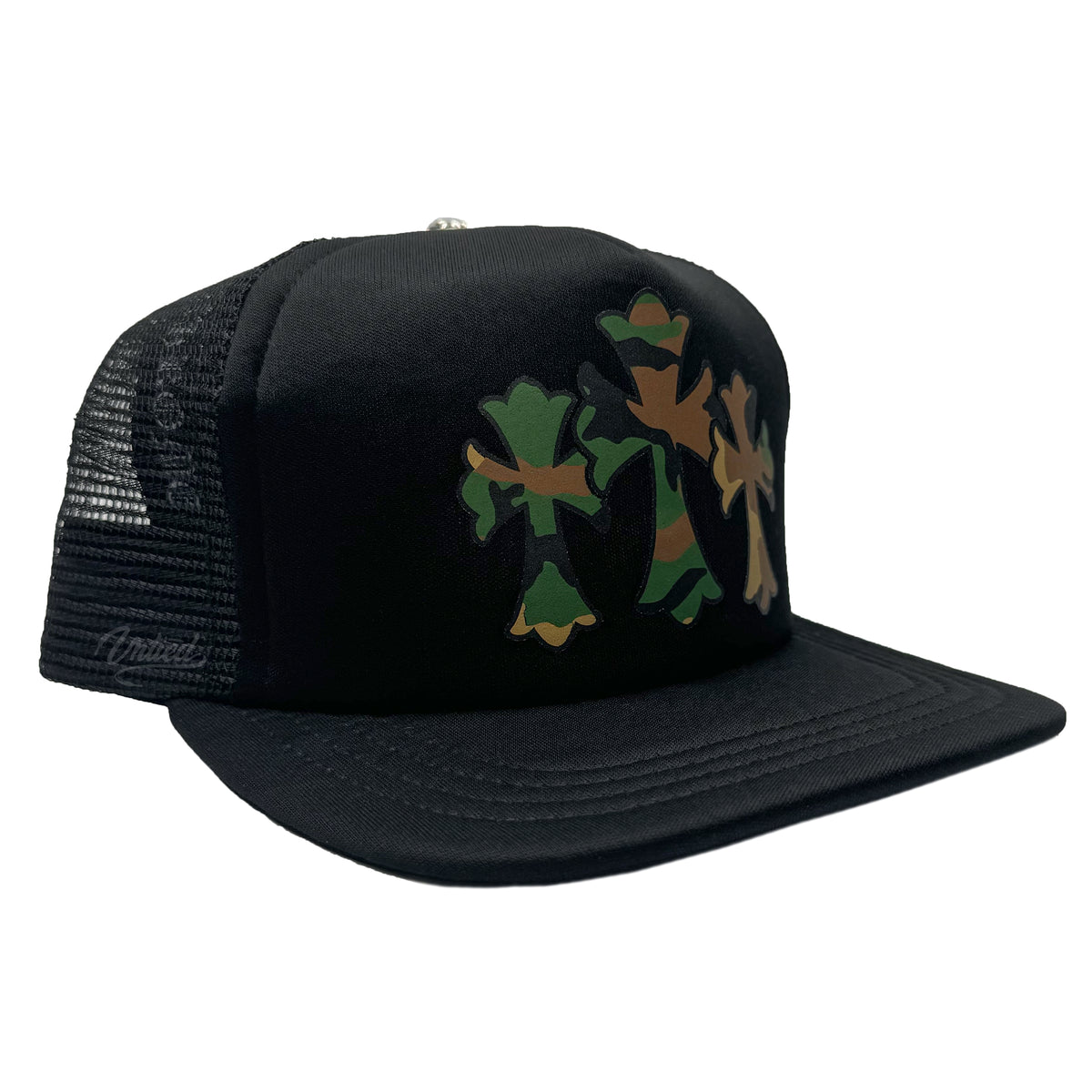 Tortoise Hearts Camo Cemetery Cross Trucker Hat "Black"