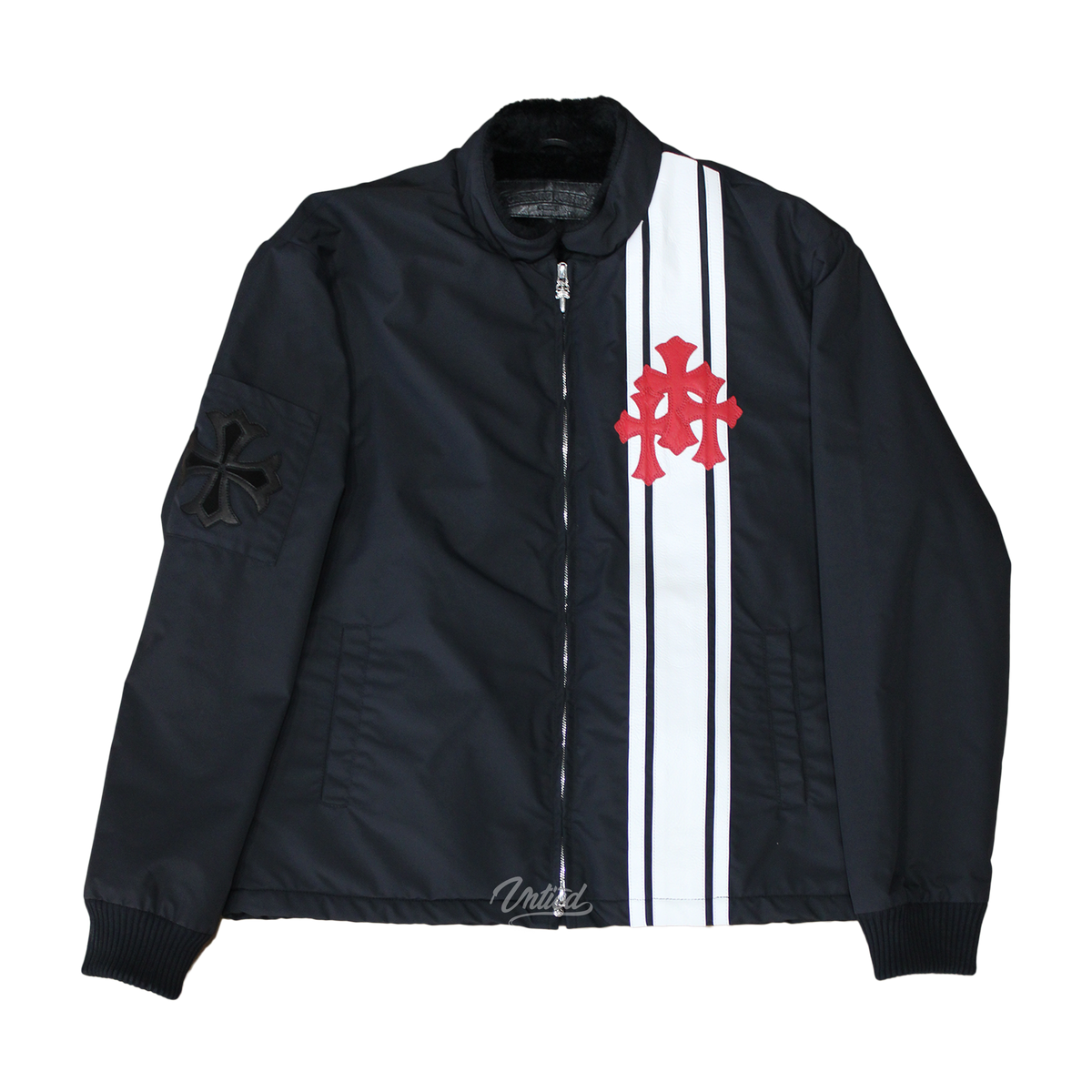 Chrome Hearts Nylon Striped Cemetery Patch Jacket Faux Fur Lined "Black/White/Red"